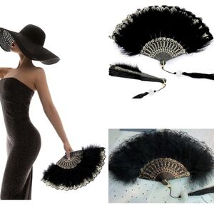 🍎 New Feather & Lace Hand Fan Black w/ Tassel Burlesque Foldable Flip